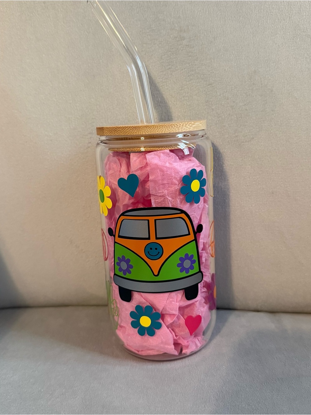 Retro Flower Van Beer Can Glass with Straw - Multicolor
